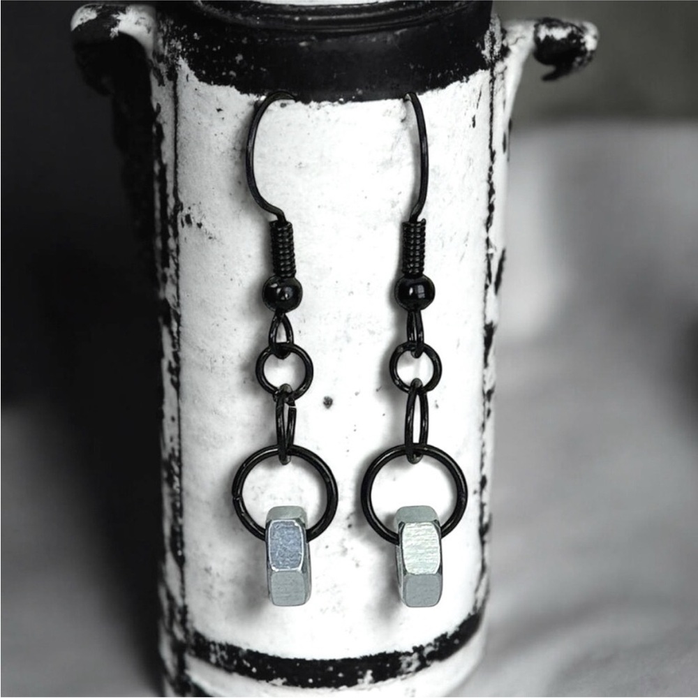 5 For $25💫Punk Hardware Small Silver Hex Nut Dangles Earrings